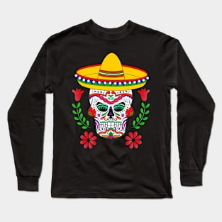 Red Floral Cinco De Mayo Sugar Skull Long Sleeve T-Shirt